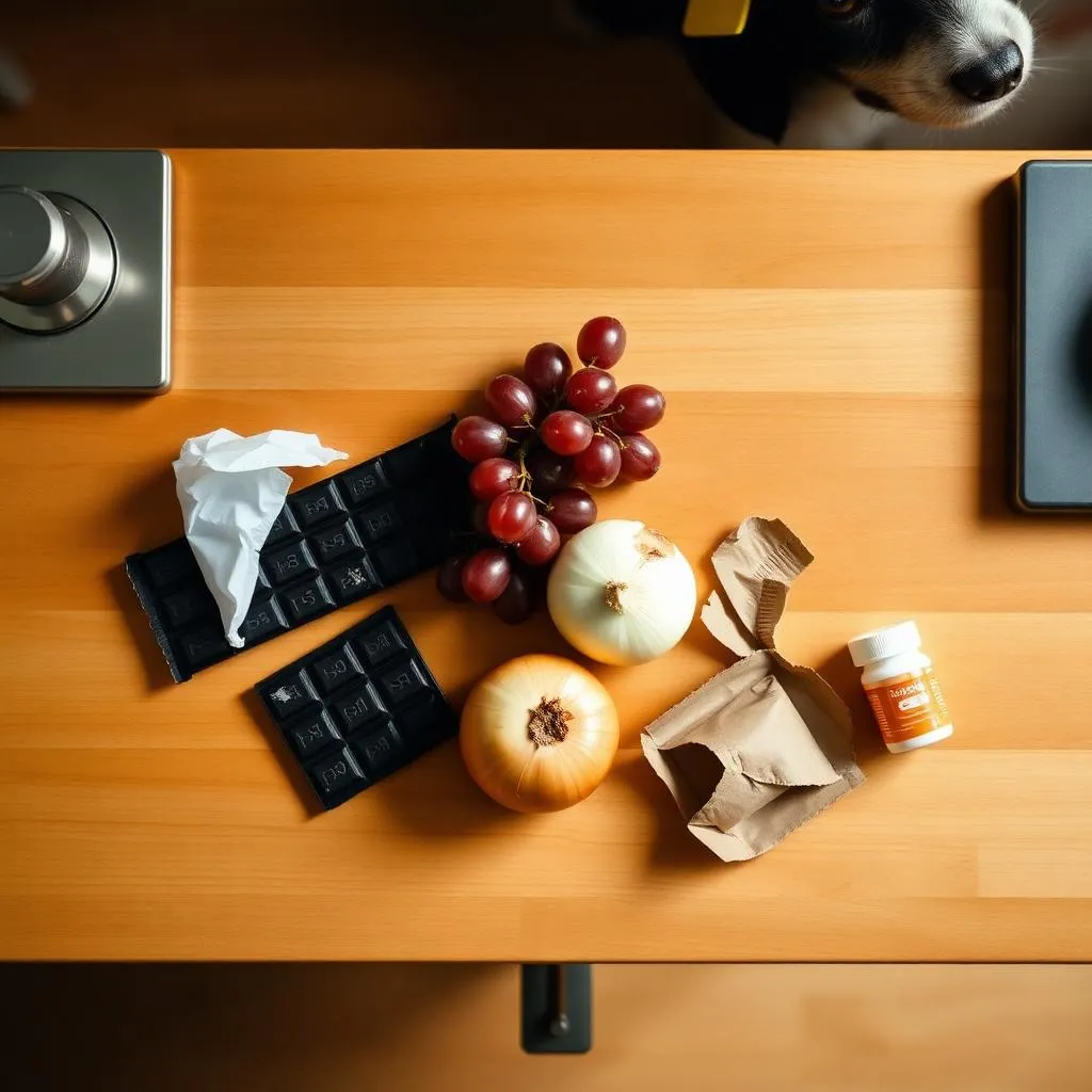 Common household items dogs get into — chocolate, grapes, onions, medication